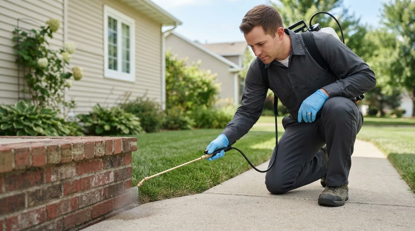 Pest control technician treating a home near Pennville, IN