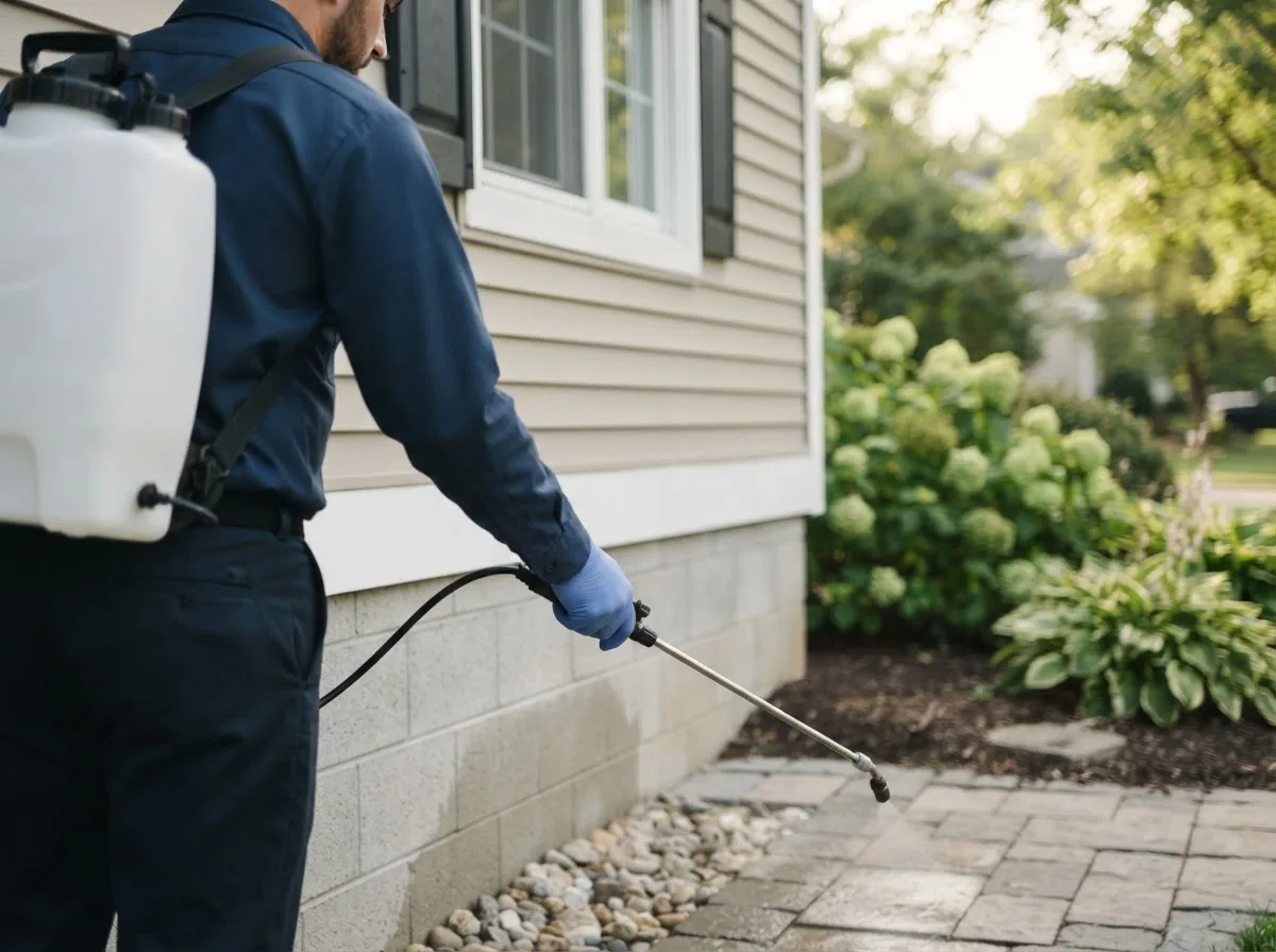 Pest control technician inspecting a home in Pennville, IN